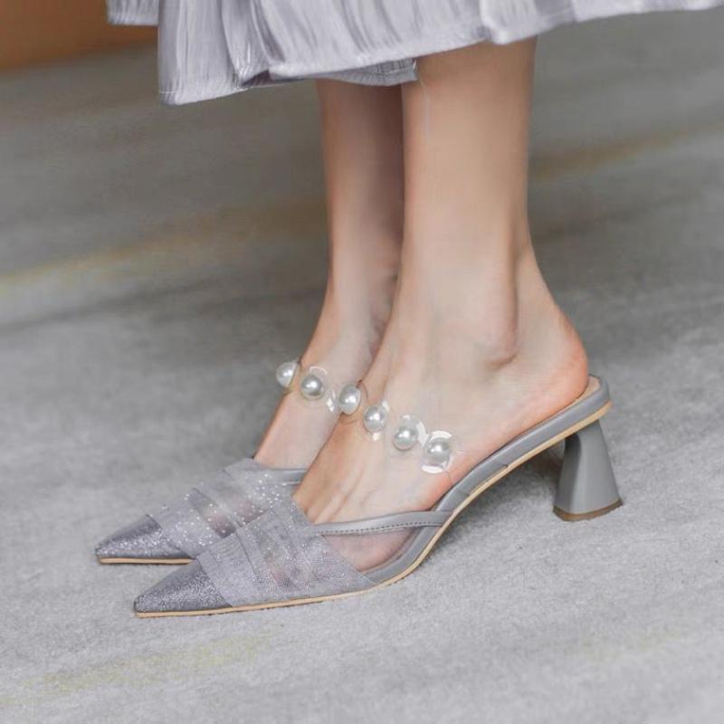 

Новые модные женские туфли со стразами и острым носком на массивном каблуке, элегантные дышащие износостойкие тапочки с жемчугом и открытым носком 34