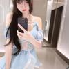 Sexy Lingerie Pearlescent Blue Bow Suspender Deep V Dress Sexy Female Sweet Lace