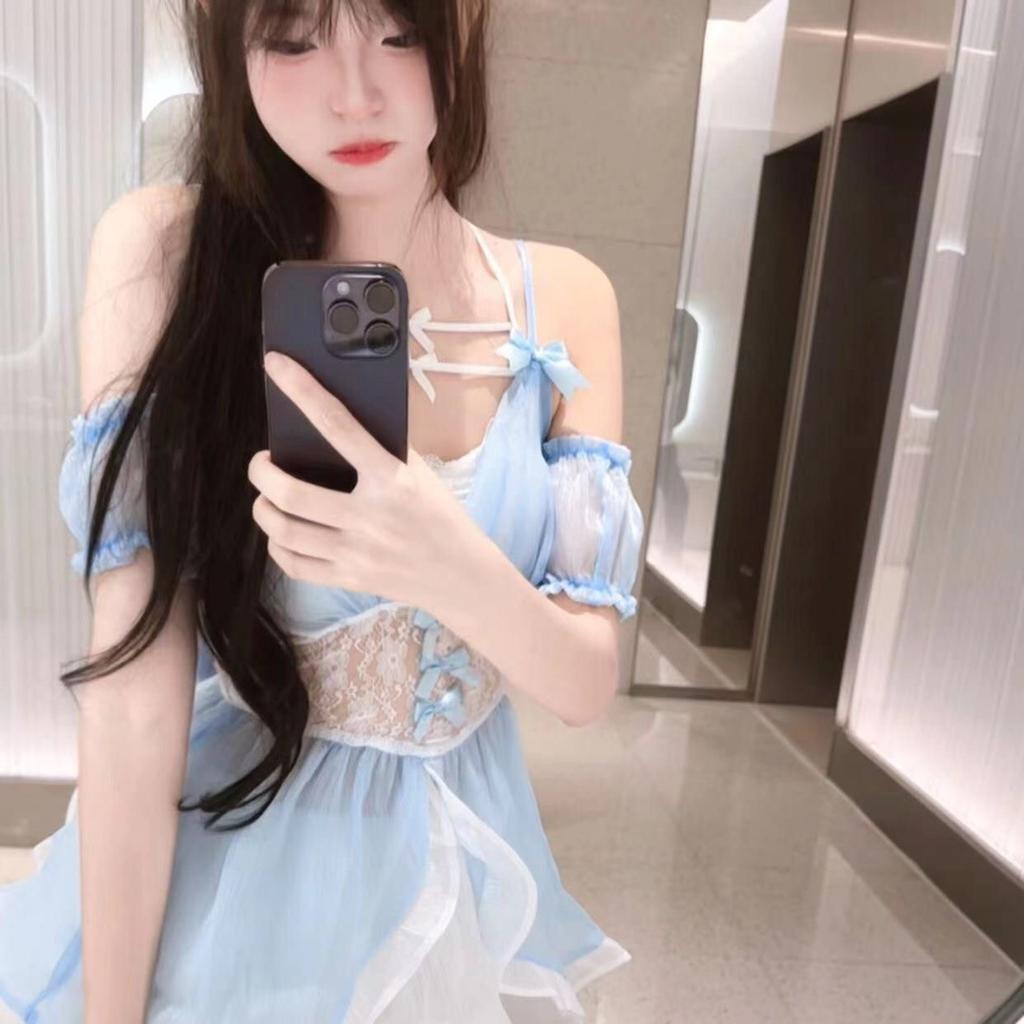 Sexy Lingerie Pearlescent Blue Bow Suspender Deep V Dress Sexy Female Sweet Lace