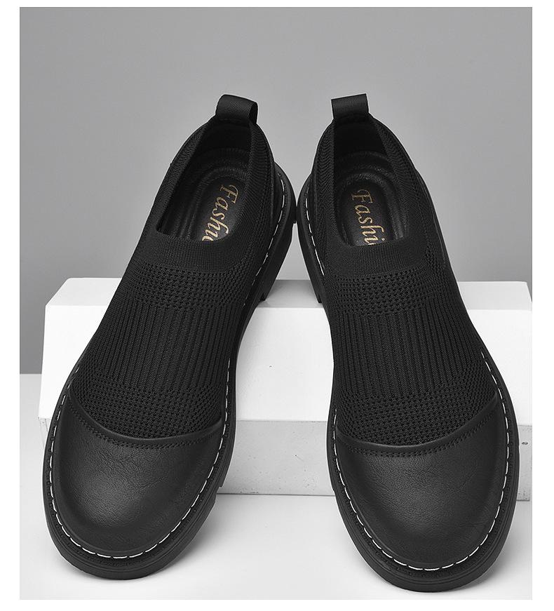 Men's Breathable Knit Mesh Slip-on Loafers - Spring/Summer Casual Low-top, Patchwork Design, Hidden Height Boost, Leather Details