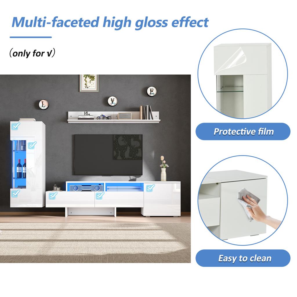 TV-Wandmöbel Set 3-teilig, Hochglanz, Moderner Schrank mit LED, Freistehend und Wandmontage, Acryltüren, Glasabtrennung, Weiß, TV bis 70'