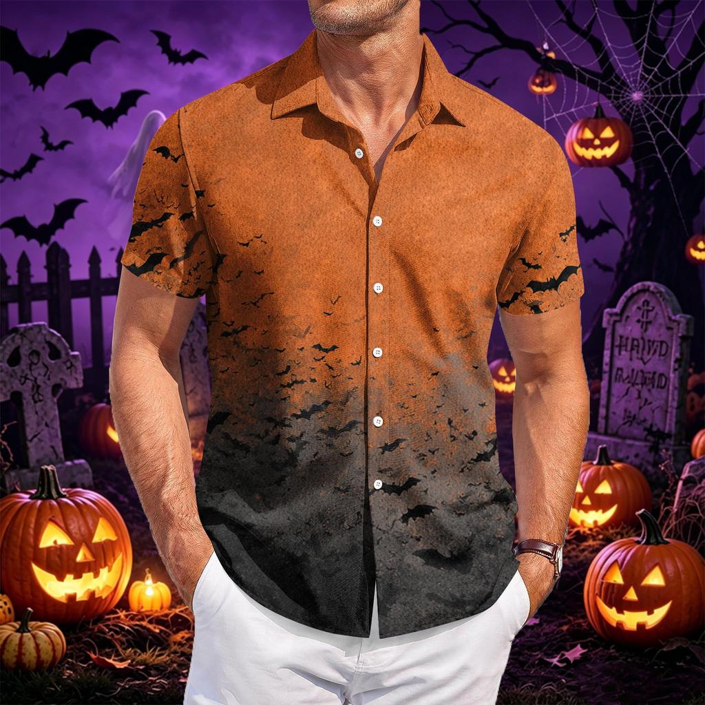 Men's Casual Short Sleeve Shirt Halloween Print Button Down Shirt Lightweight Breathable Fabric Relaxed Fit Shirt for Everyday Wear