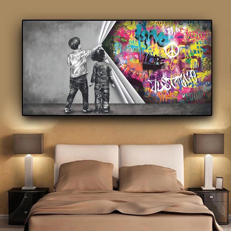 Abstrakte Graffiti-Kinder auf der Bühne, Showvorhang, Leinwand-Kunst, Poster, Drucke, Wandbilder für Wohnzimmer, Zuhause, Cuadros-Dekor