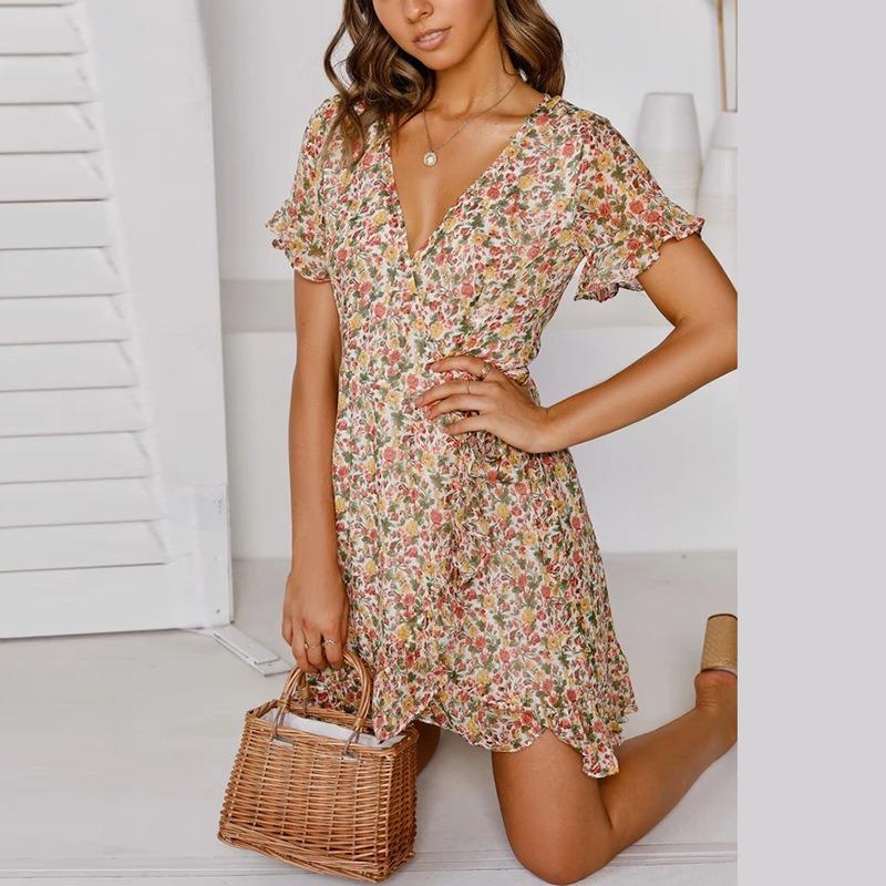 

Женское платье с оборками в стиле бохо, летнее сексуальное шифоновое мини-платье с v-образным вырезом и коротким рукавом, сарафан для пляжного отдыха M зелёный/жёлтый