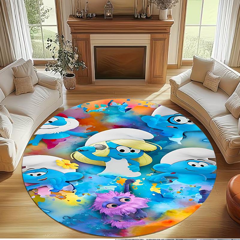 Blue Smurfs Print Round Rug, Washable Floor Carpet, For Entryway Dorm Laundry Room Office Study, Home Decor Birthday Christmas Gift