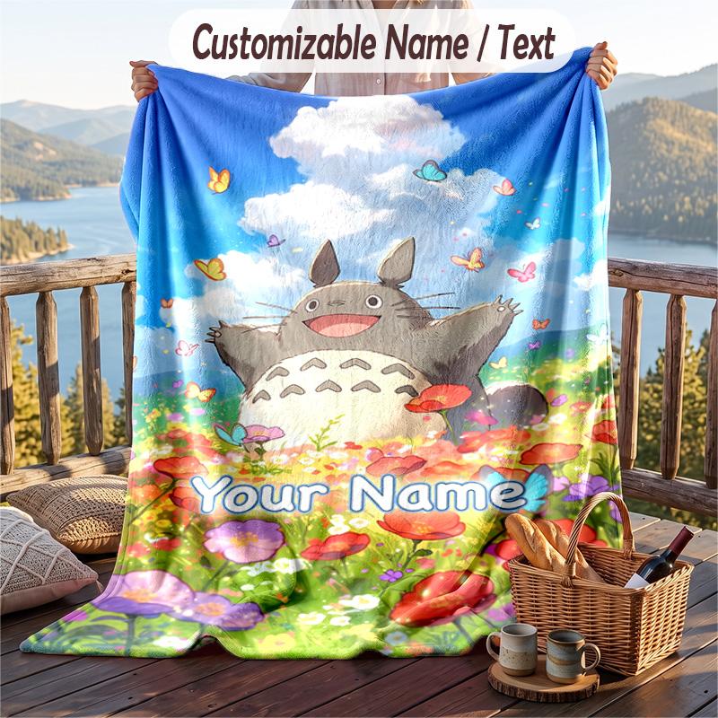 Custom Text Flannel Throw Blanket, Lightweight Cozy Bed Sofa BlanketMy Neighbor Totoro