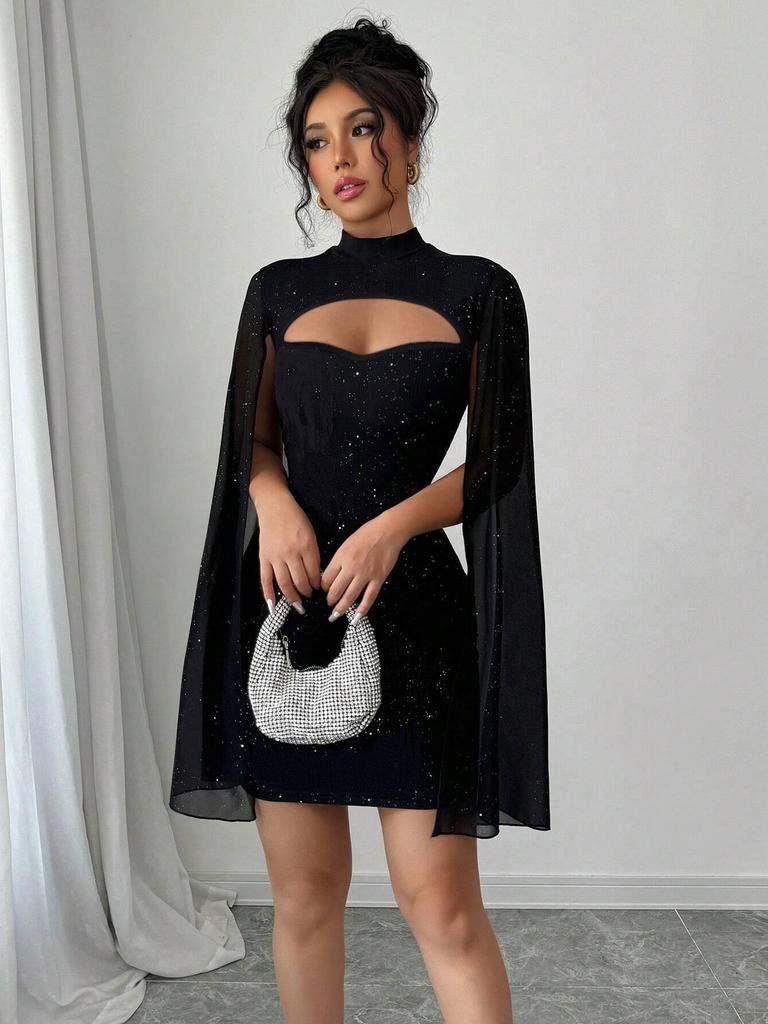 European & American Women's Ribbed Pearl Chiffon Cape Dress