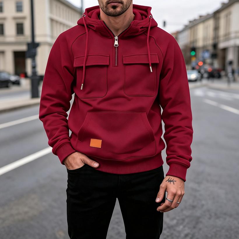 Men's Quarter Zip Hoodie, Half Zip Pullover Sweatshirt with Chest Pockets & Patch Logo, Casual Streetwear for Men