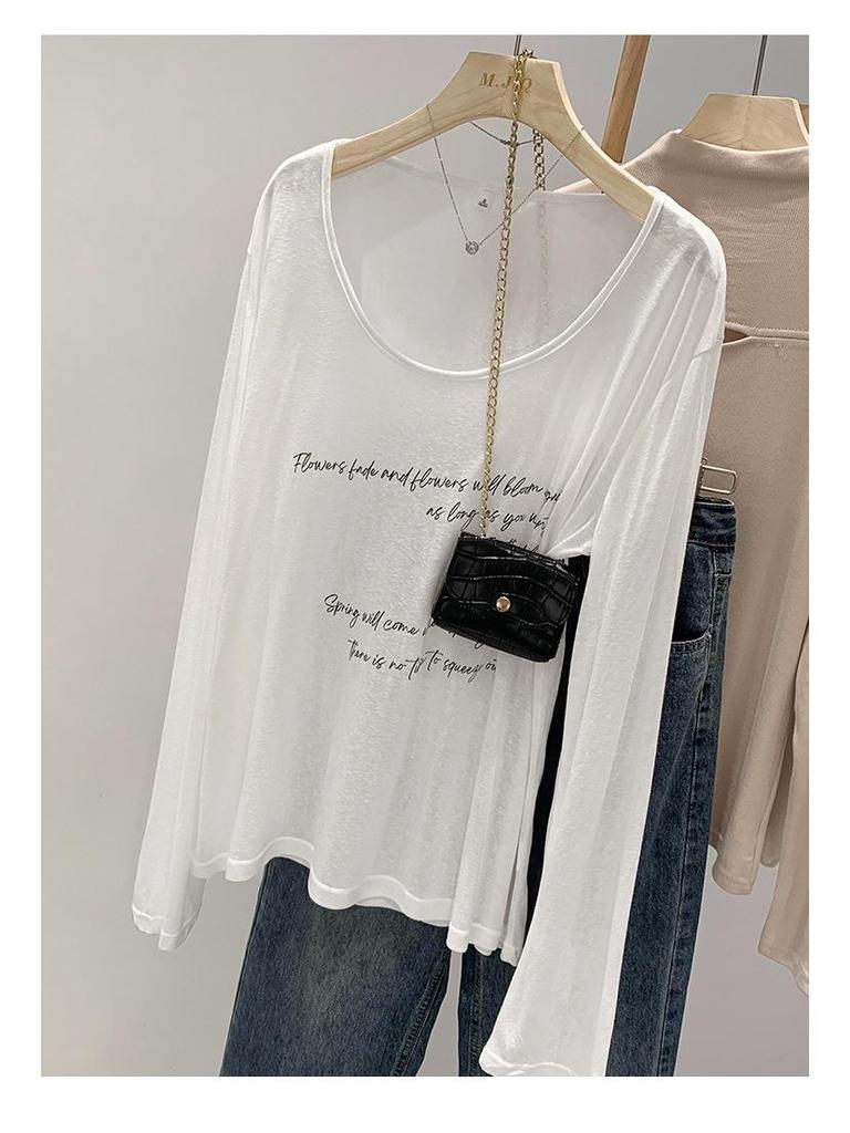 Women's Black Sheer Letter Print Long Sleeve Crew Neck Cover-Up Top