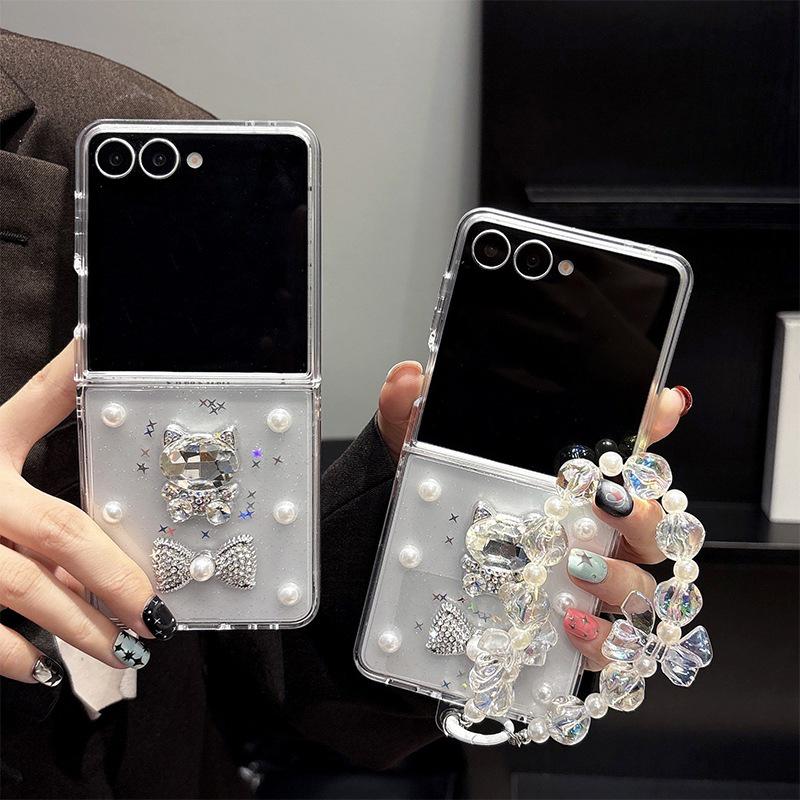 Compatible Samsung Z Flip7 Rhinestone Cat Case with Z Fold8 Pearl Crystal Chain Transparent Glitter.
