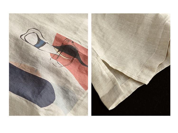 Women's Retro Print Cotton Linen Top - Short Sleeve, Loose Fit Pullover