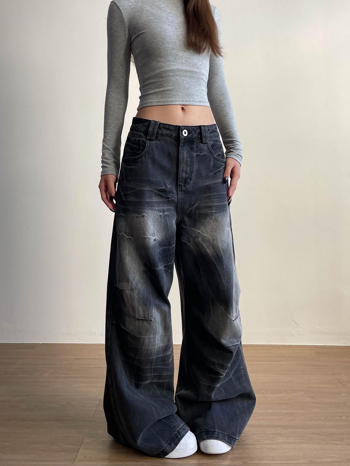 

Trendy American Distressed Wide-Leg Jeans for Men & Women S чёрный