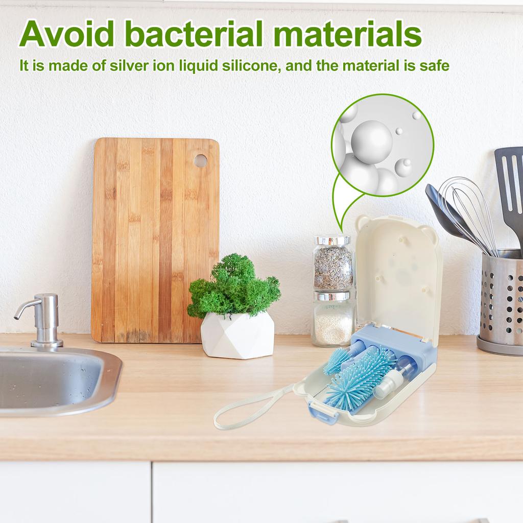 Bottle Brush Set Portable Baby Bottle Cleaner Kit with Silicone Nipple Brush Bottle Cleaning Tool Drying Rack for Home and Trave