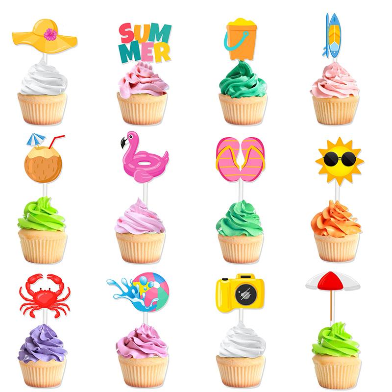 12pcs Summer Beach Hawaii Cupcake Toppers Sun Umbrella ball Cake Toppers  Hawaiian Pool Theme Birthday Party Cake Decorations