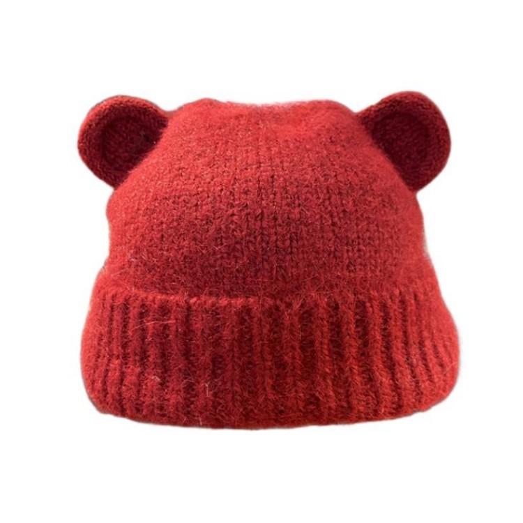 Cute burgundy bear knitted wool hat children's autumn and winter new warm and cold ear protector pullover hat