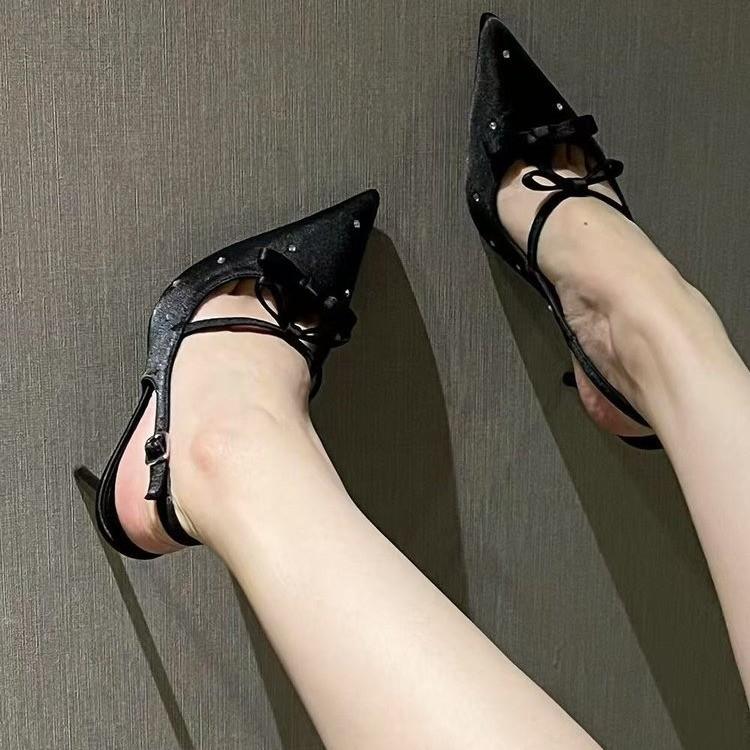 Mode Schleifenknoten Design Dünne Sexy High Heels Damenschuhe Strass Satin Spitzpumps Partyschuh Mode Slingbacks Sandalen