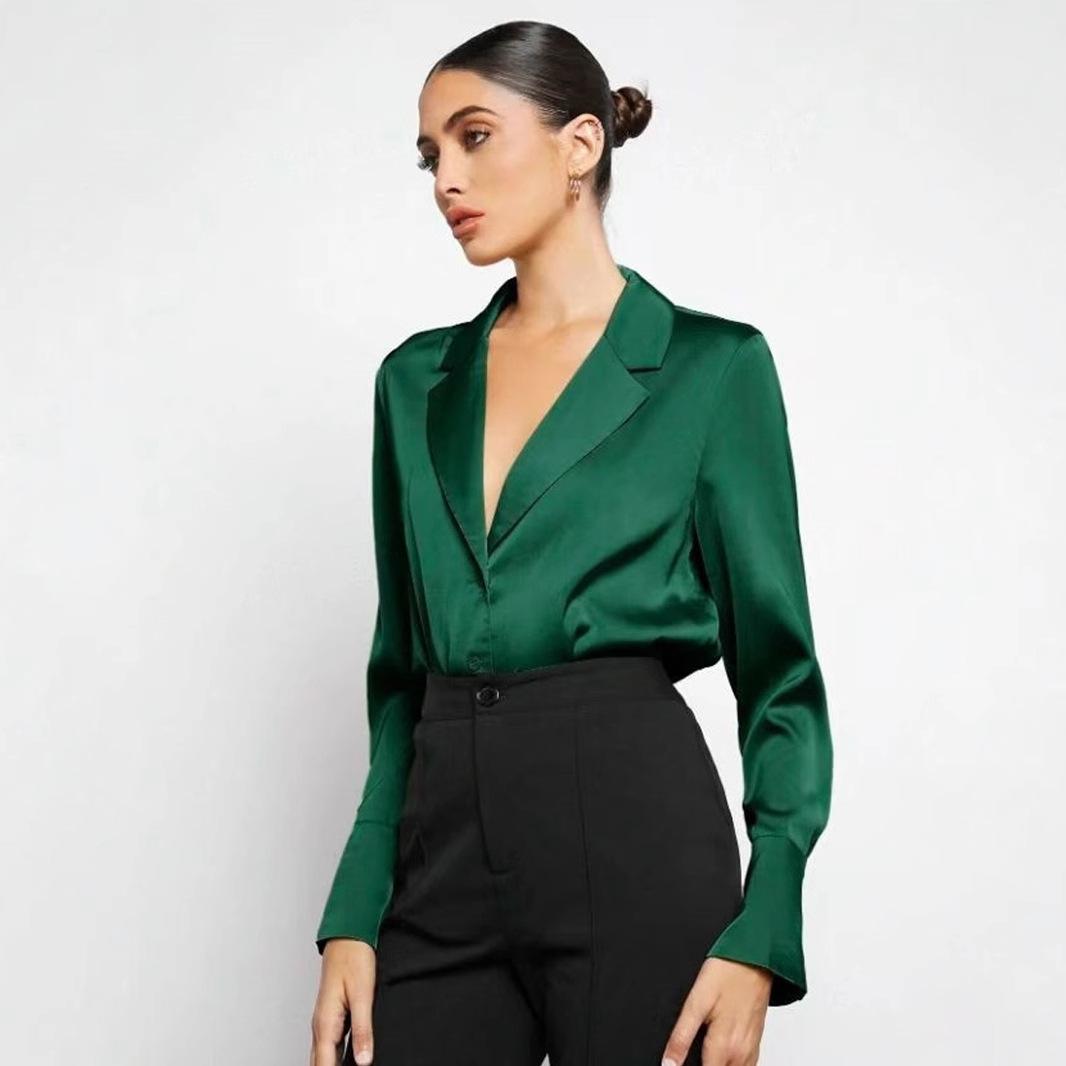 Women Sage Green Satin Long Sleeve Button Down Shirt With Cuff Buttons S зелёный