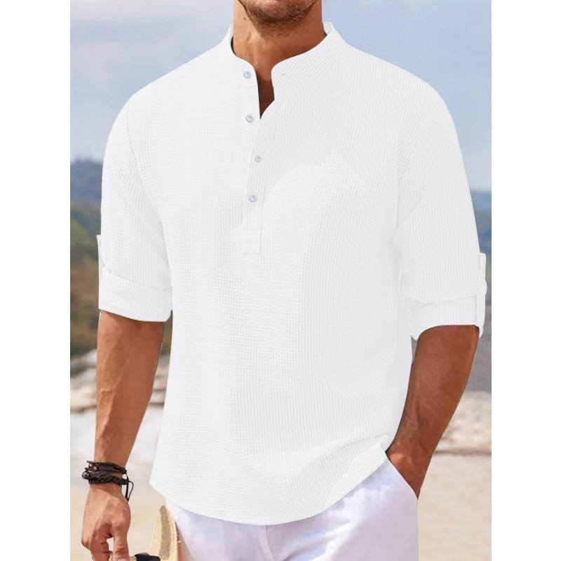 Mens Solid Color Henry Neck Long Sleeve Casual Shirt S