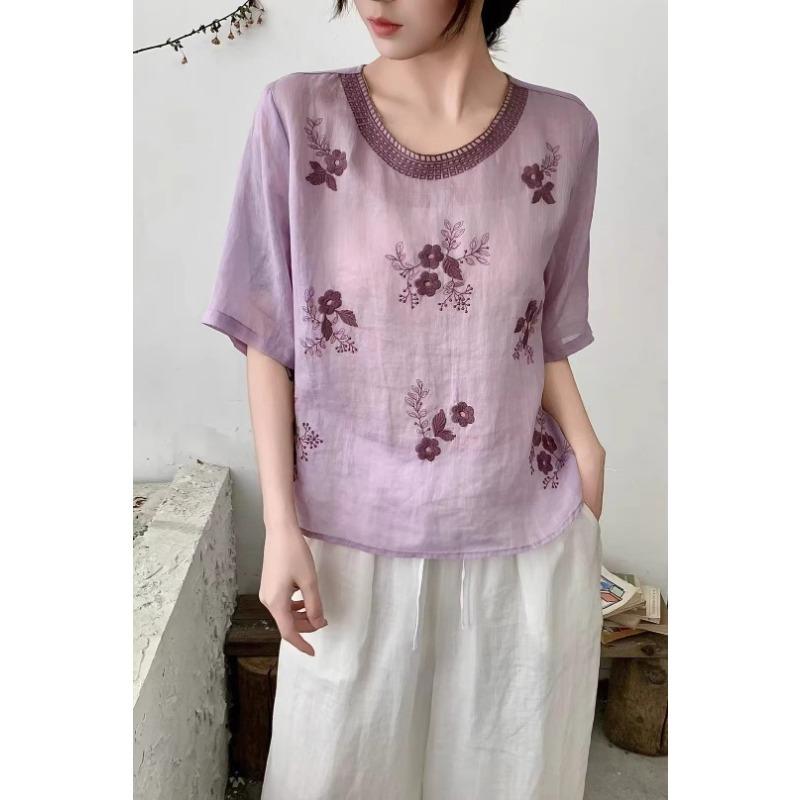 Women Floral Embroidered Round Neck Half Sleeve Linen Cotton Blend Blouse