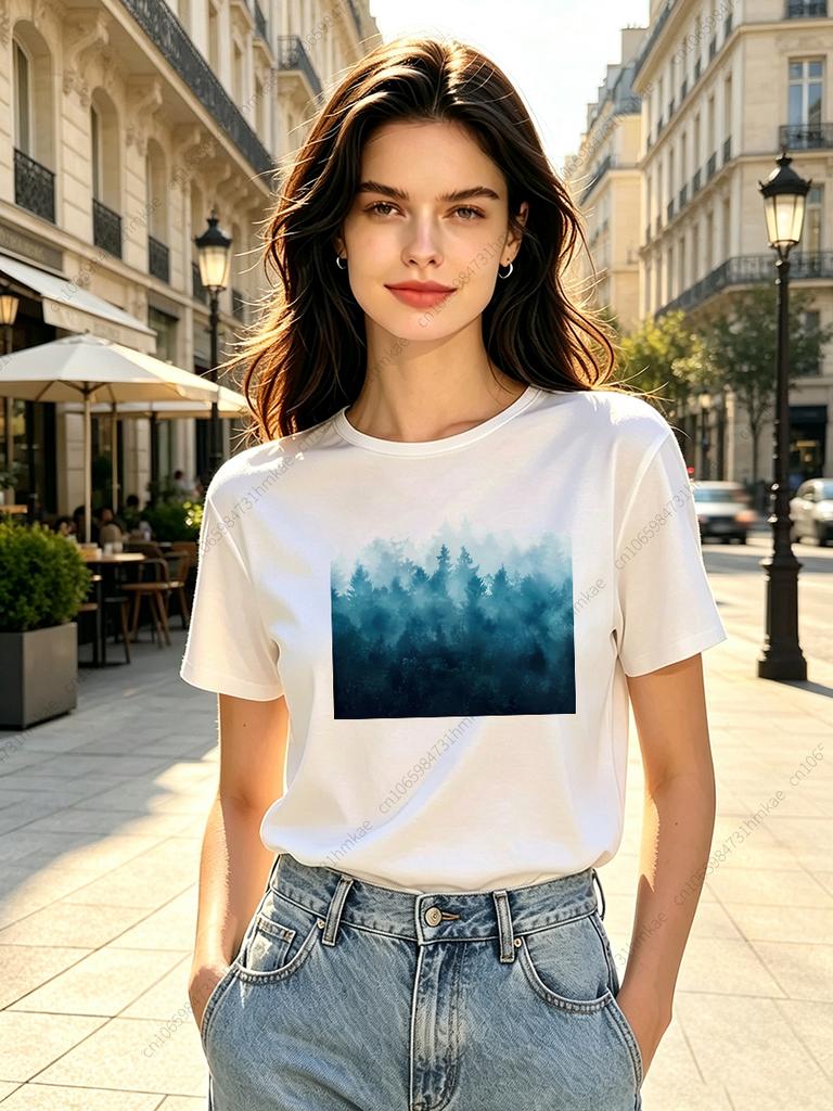 1pcs Natural View Unisex Tshirts For Girls Funny Mountain Scenery Printing Short T Shirts For Unisex Tshirts Lady Tops Tees