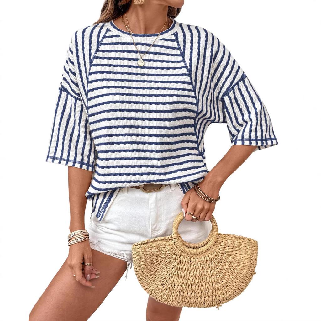 Women's Fashionable, Casual And Versatile Striped Mid-sleeve T-shirt Top
