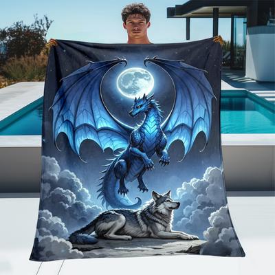 Fantasy Drachen Wolf 3D Flanelldecke, Mystisches Szenen Design Leichte Überwurfdecke, Ganzjahres Weich für Camping Sofa, Geschenk