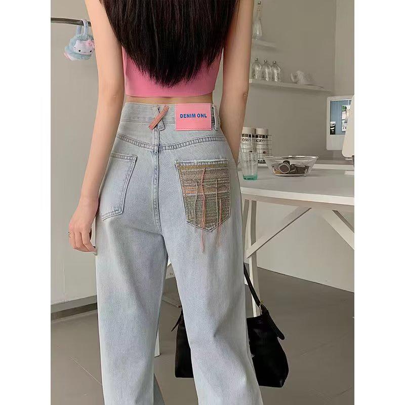 

Женские светлые рваные прямые джинсы с высокой талией - летние свободные широкие брюки для уборки XL светло-синий