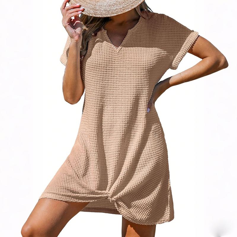 

Женское летнее повседневное платье с коротким рукавом и V-образным вырезом, однотонное, с узлом, цельное платье XXL