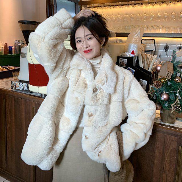 2023 Korean Style Women's Faux Rex Rabbit Fur Plush Winter Coat