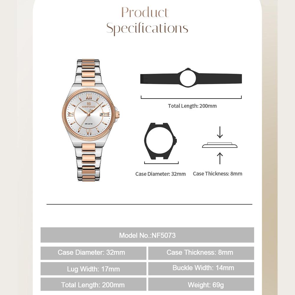 NAVIFORCE Original Women Business Watch Stainless Steel Strap 30m Waterproof Calendar Simple Dial Women Lady Casual Watch NF5073