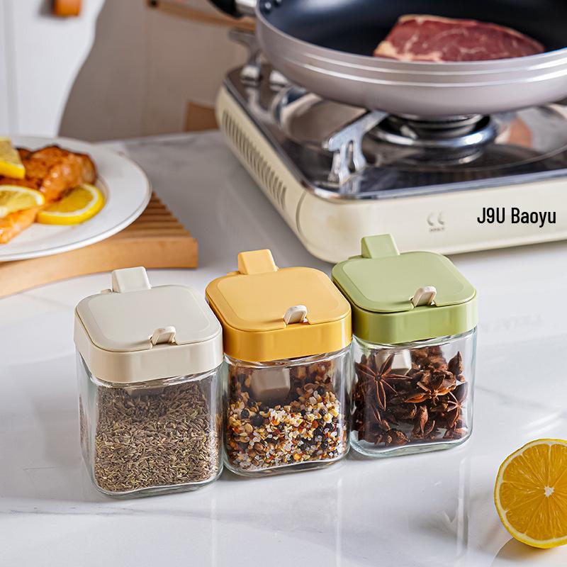 Glass Seasoning Box Set: Separate Storage for Salt, Sugar, MSG in Sealed Jars with Spoons