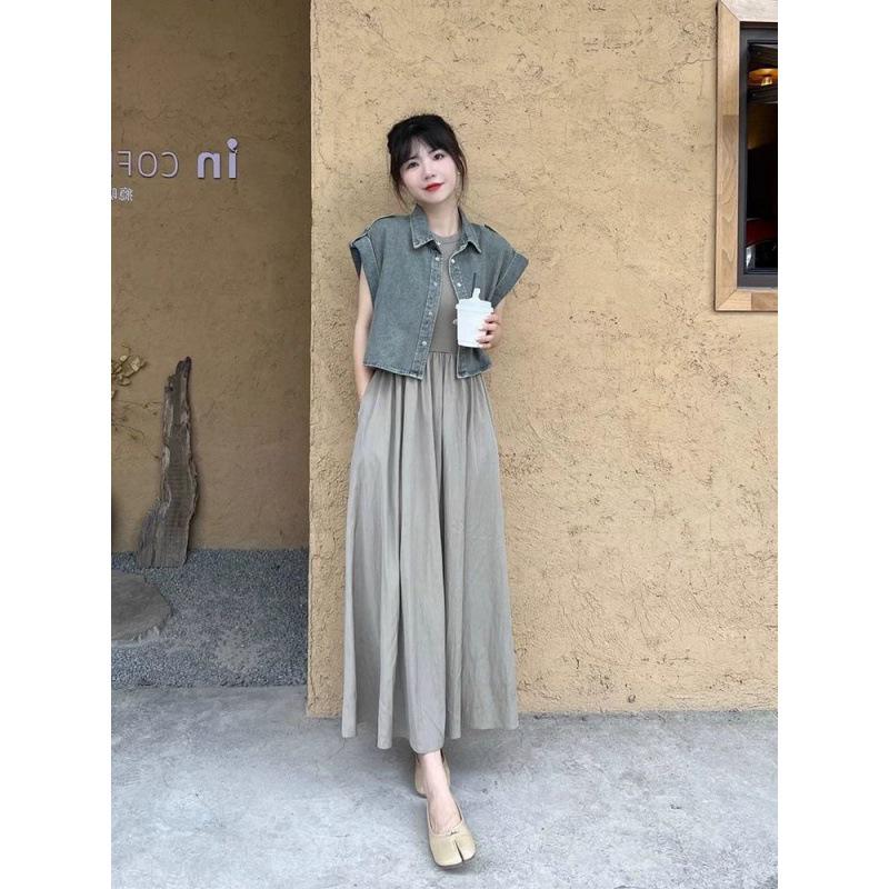 Tea-Toned Summer Chic: Salt-Style Denim Jacket & Dress Set - Trendy, Youthful, and Elegant.