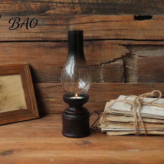 Stable Heavy Candle Holder Miniature Kerosene Lamp Resin Holder, Retro Oil Figurine with Smoked Nostalgic Replica Glass Shade & Carved Base, Tabletop