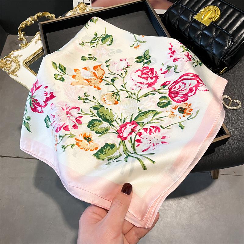 Elegant Spring Floral Silk-Blend Square Scarf - Headscarf & Neck Protection Neckerchief for Women