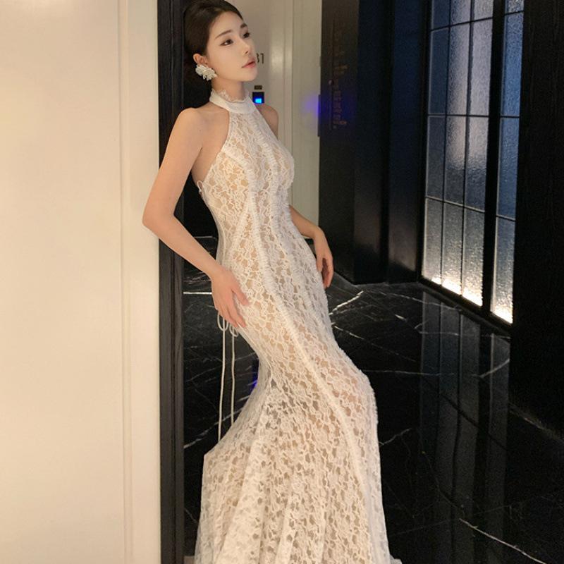 

Autumn New French Lace Neck Trailing Evening Dress Skirt, High-end Temperament Backless Fishtail Dress L