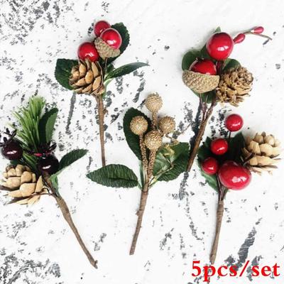 5 stks/set Kerst Rode Bes Dennenappel Takken voor Vakantie Decoratie Wenskaart Accessoires
