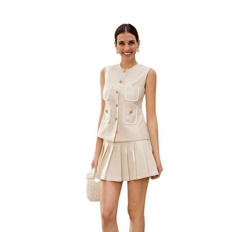 Elegant French Chic Sleeveless Vest Pleated Skirt Set Women Office Wear Casual Outfit