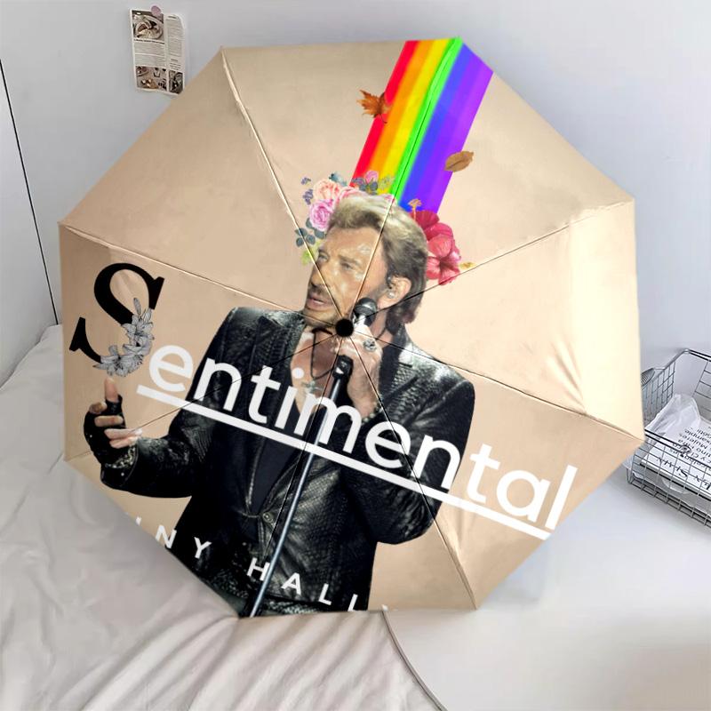 1pc Johnny Hallyday pattern Umbrella Portable Folding Umbrella Iron Frame Hole Bone Structure Outdoor Home Umbrella