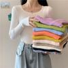 Women's Korean Style Slim Fit Square Neck Knitted Sweater - Solid Color, Long Sleeve