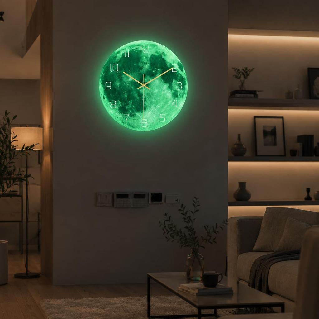 [Chaekou Shop] Luminous Wall Clock, Moon, Full Moon, Glow-in-the-Dark, Silent, Nordic Style, 30cm Diameter, Analog, for Bedroom, Children's Room,