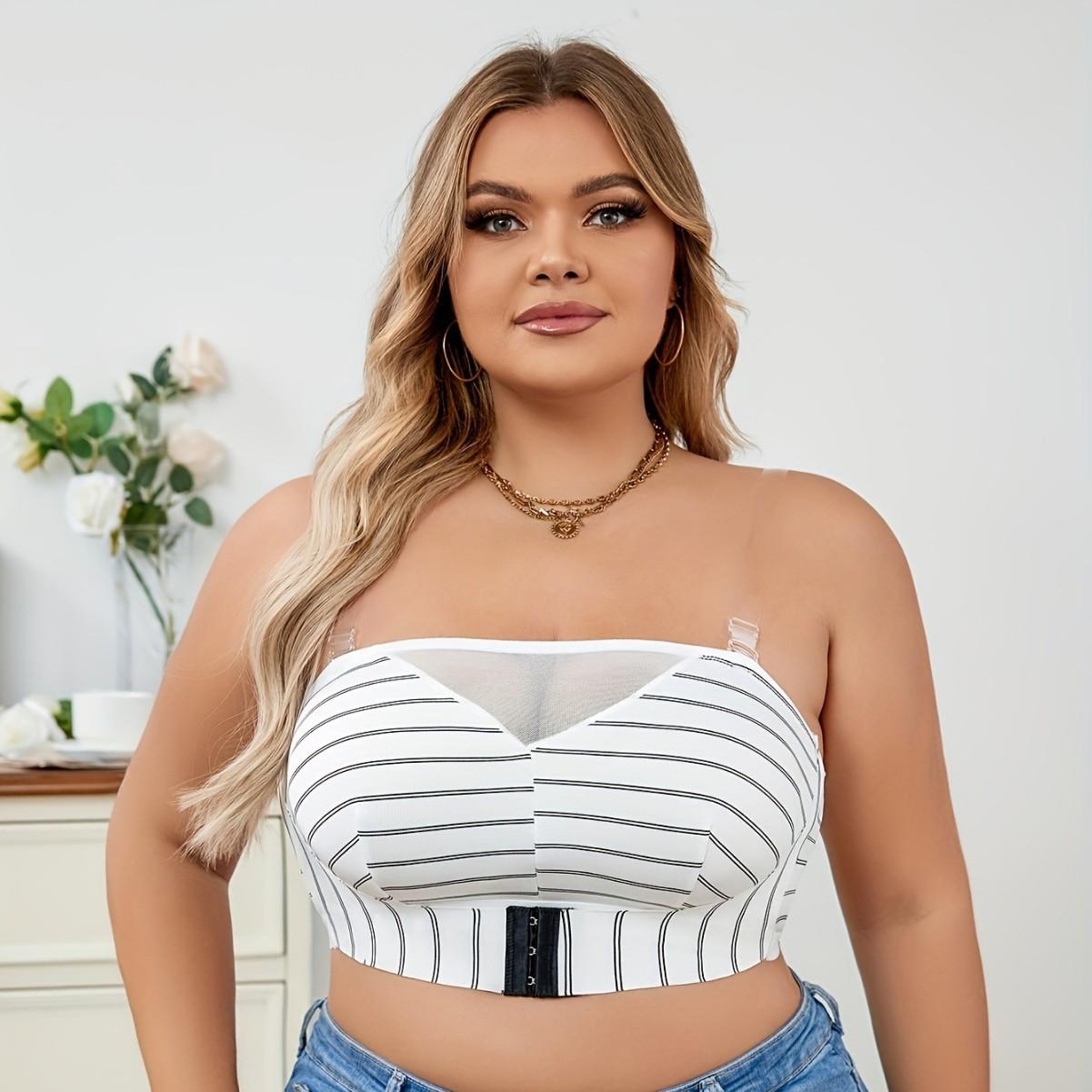 

Большой размер Черно-белые полоски Сетчатый узор Дышащее Бесшовное нижнее белье Модный Контроль боковой груди Съемный бюстгальтер L белый