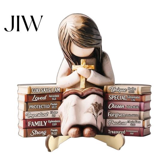 Stable Base Wooden Craft Reading Girl Figurine, Pastoral Style Statue Desktop Hand Painted Home Accessory Decor, Artistic Healing Ornament,