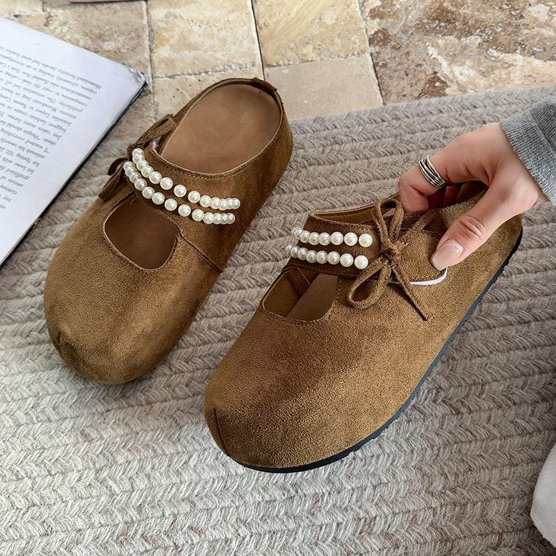 Fashion Flat Shoes Women Fashion Round Head Shallow Mouth Suede Beaded Butterfly Knot Soft Sole Anti-slip Wear Slippers