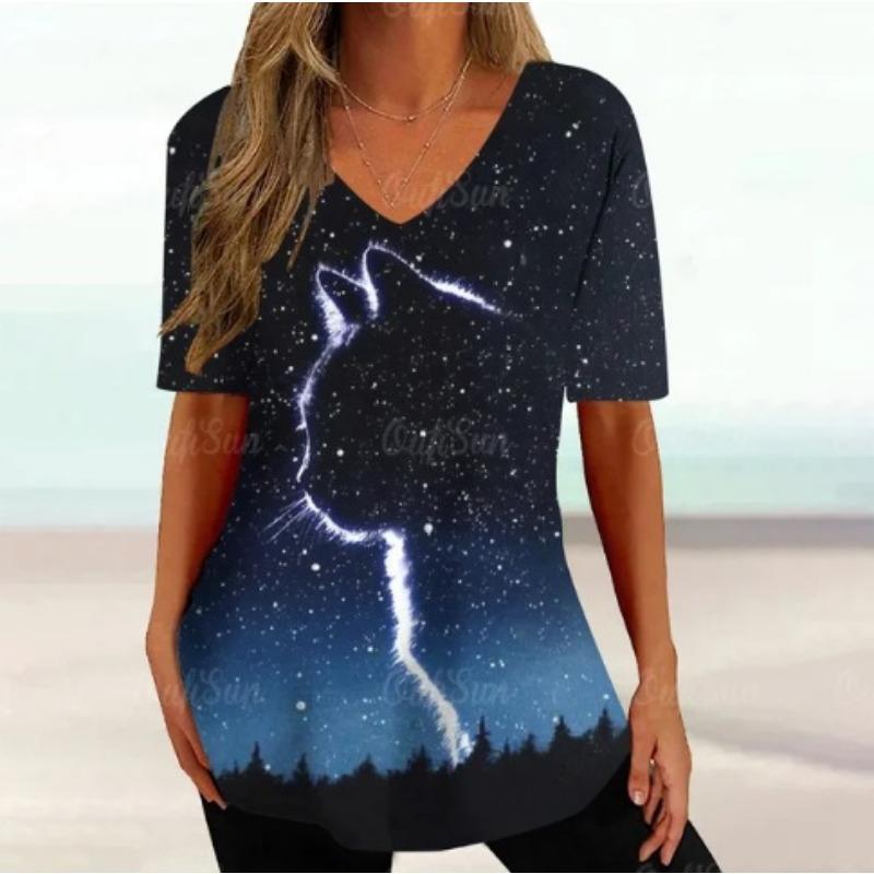 Summer V-neck 3D Cartoon Cat Printed Top Fashionable Casual Short Sleeved Women's T-shirts