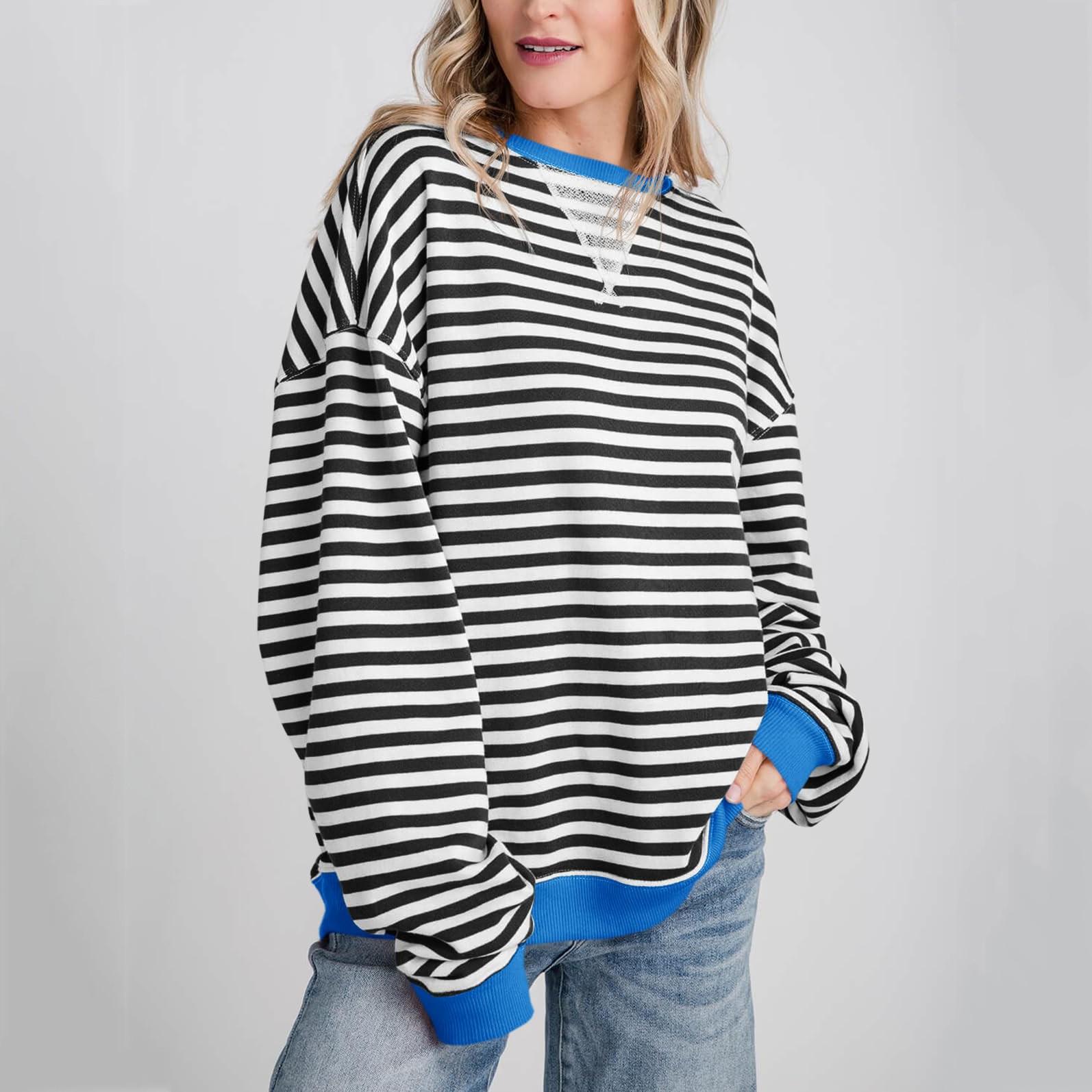 

Женская спортивная рубашка в полоску большого размера с длинными рукавами и круглым вырезом, повседневная свободная рубашка-пуловер, топ L чёрный