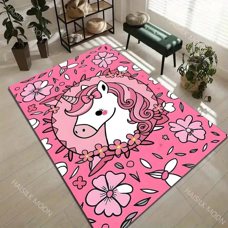 Unicorn Carpet Mat Rug Home Decoration Pink Flower Girl Room Bedroom Floor Mat Non-Slip Welcome Mat Kitchen Mat Anime Rug
