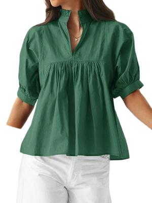 Women's Puff Sleeve V Neck Babydoll Blouse Peplum Pleated Loose Dressy Casual Top