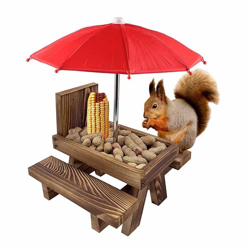 AEE4-Squirrel Feeder Picnic Table With Umbrella,Wooden Squirrel Feeders For Outside,Cute Chipmunk Feeder+Solid Structure