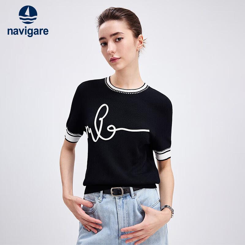 Navigare Women s Elastic Knit Contrast Crew Neck Short Sleeve T-Shirt M