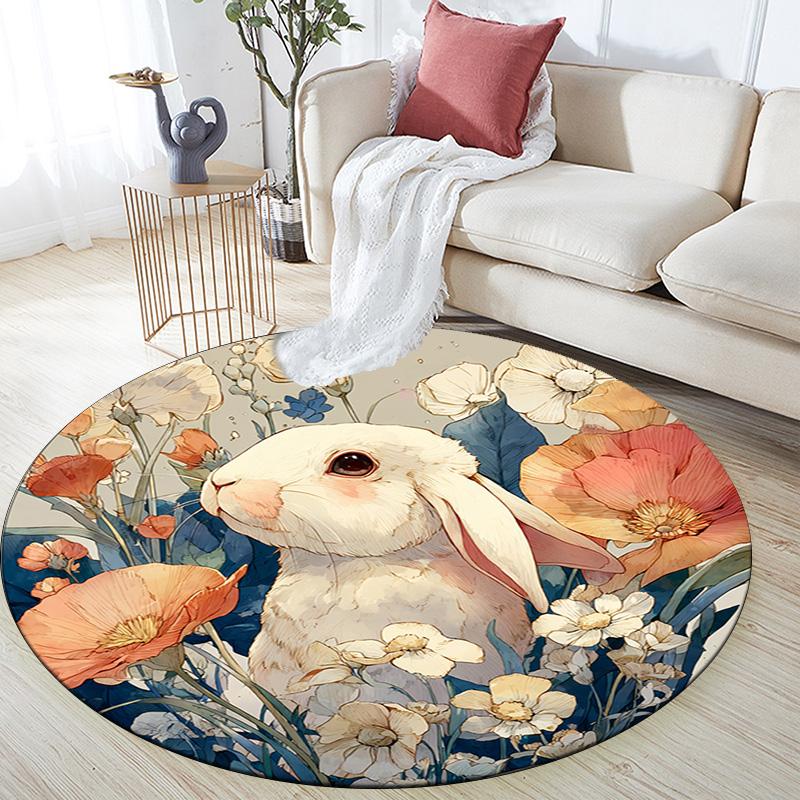 Bunny Round Area Rug,Carpet Rug for Living Room Bedroom Sofa Playroom Decor,Non-slip Floor Mat